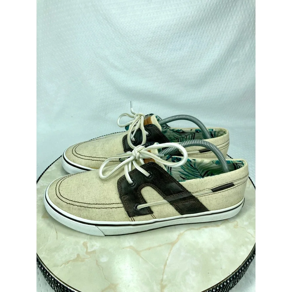 Tommy Bahama Boat Shoes Mens 10.5 Khaki Canvas Leather Dock Pool Beach Loafers